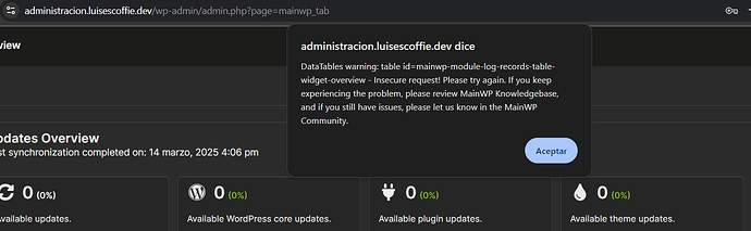 Datatables Warning MainWP