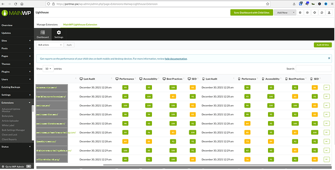 Screenshot-MainWP-Lighthouse-dashboard